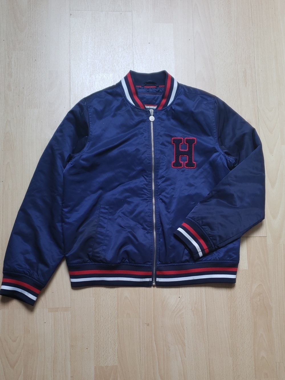 Tommy Hilfiger Womens retro  Navy Bomber Jacket with Red Trim Size L